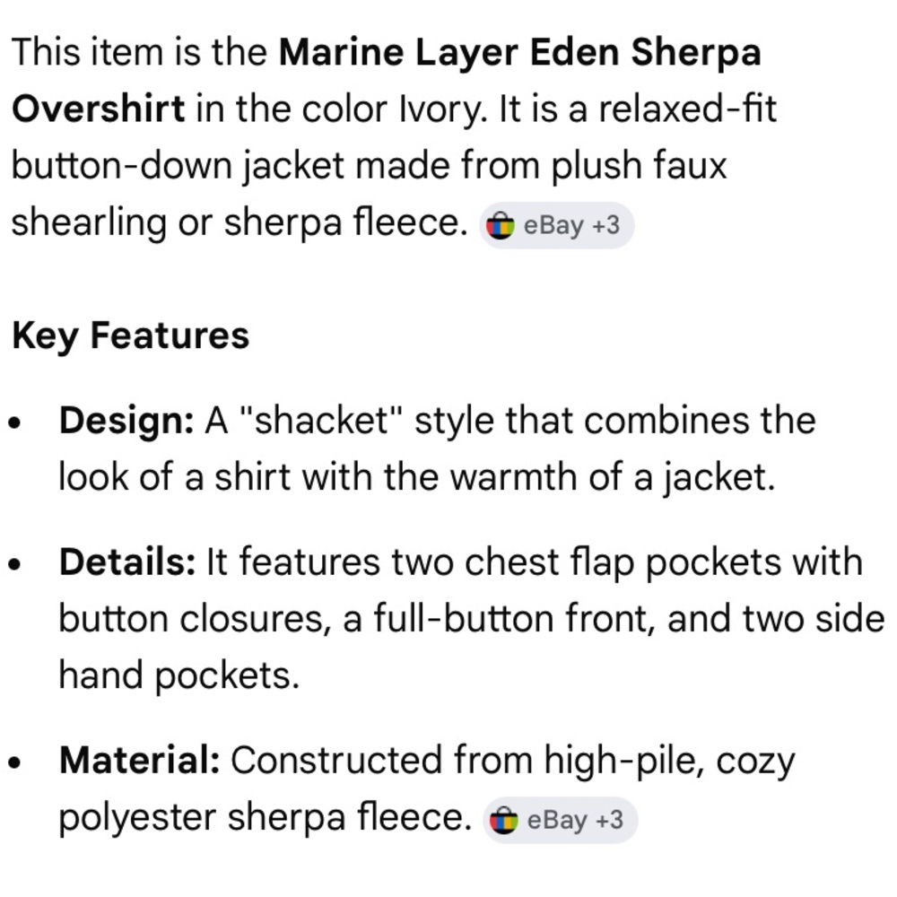 Marine Layer Eden Sherpa Overshirt, ivory cream, size S - Picture 3 of 16